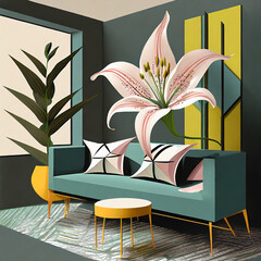 Geometric lily chic. Geometric lily prints, bold colors. Modern furniture, clean lines. A modern and visually dynamic space with a geometric lily twist.