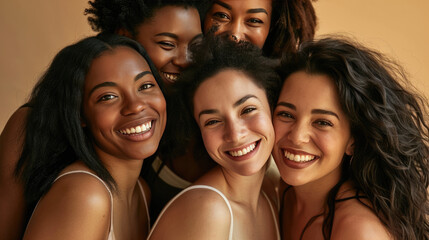 Obraz premium Smiling women are huddled closely together, portraying a warm, friendly, and diverse group.