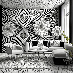 Geometric floral chic. Floral patterns with geometric motifs, contrasting tones. Modern furniture, clean lines. A contemporary and visually dynamic space with a modern floral twist.