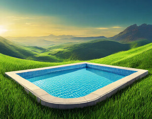 Generic swimming pool with surrounding grass. 3D illustration
