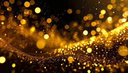 Golden glittering particles with bokeh for a holiday on black background. Shiny golden New Year lights