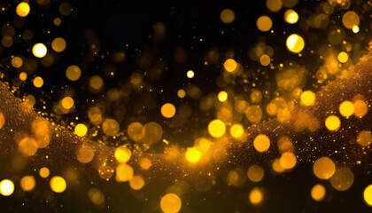 Fototapeta na wymiar Golden glittering particles with bokeh for a holiday on black background. Shiny golden New Year lights