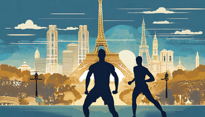 Great editable vector file of olympic multisport players silhouette in the front of paris skyline with classy and unique style best for your digital design and print mockup - obrazy, fototapety, plakaty