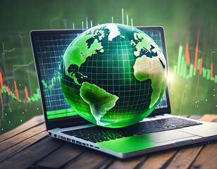 Green Globe on laptop keyboard with Stock graph on the laptop screen. Green business concept. Carbon efficient technology. Digital sustainability. future green energy innovation business trend