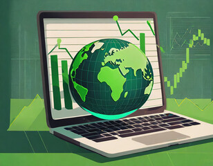 Green Globe on laptop keyboard with Stock graph on the laptop screen. Green business concept. Carbon efficient technology. Digital sustainability. future green energy innovation business trend