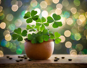 Green clover plant in pot on wooden table with bokeh light background