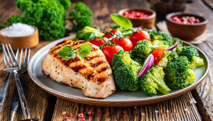 Grilled chicken breast, chicken fillet and fresh vegetable salad, broccoli closeup on wooden table. Healthy lunch menu. Healthy food, keto diet, dieting concept