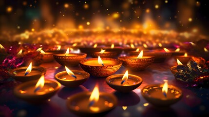 Burning hundreds of small flat candles on a dark background with golden side effect. Diwali, the dipawali Indian festival of light. - obrazy, fototapety, plakaty