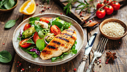 Grilled chicken breast, chicken fillet and fresh vegetable salad closeup on wooden table. Healthy lunch menu. Healthy food, keto diet, dieting concept - obrazy, fototapety, plakaty