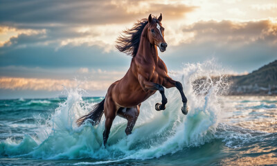 horse rearing in the raging waves of the sea coast at sunset - obrazy, fototapety, plakaty
