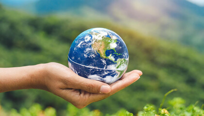 Hand holding Global earth decrease CO2 or carbon dioxide emission, carbon footprint and carbon credit to limit global from climate change, Earth for develop green energy