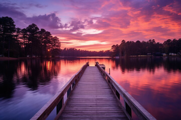  Wooden Pier Leading into a Sunset Lake Vista