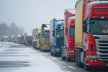 Queue of trucks at the border crossing point, winter time