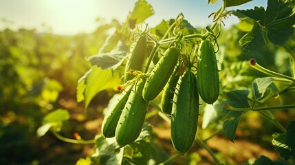 Vibrant and fresh cucumbers harvest growing on an open plantation under the warm summer sun.