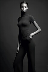 Fototapeta premium Black female model, Create a collection of womens knitted jumpsuits combining unique design elements and Showcasing,generative ai
