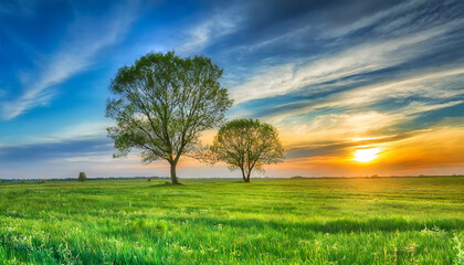 Fototapeta na wymiar HDR landscape with two trees in a field at sunset