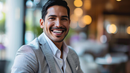 Fototapeta premium Man with a warm smile in a well-lit, modern indoor space with bokeh lights in the background.