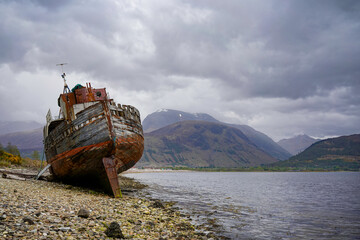 "Old boat of Caol" shipwreck in Corpach near Fort William on a moody day. 