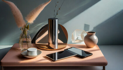 Modern still life with technology. Cool tones, sleek details. Arrangement of modern gadgets and devices. Technology in a minimalist setting, reflecting the contemporary digital age.
