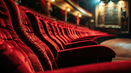 Fototapeta premium Empty cinema theater with rows of plush red seats, a central aisle leading to a screen