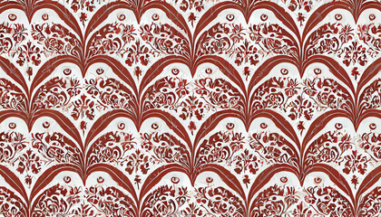 Red wallpaper vintage flock with red damask design on a white background retro vintage style - obrazy, fototapety, plakaty