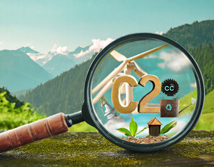 Reduce CO2 emission concept. Clean and friendly environment without carbon dioxide emissions.CO2 reducing icon inside magnifier glass for carbon credit to limit global warming - obrazy, fototapety, plakaty