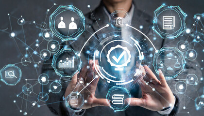 Regulation Compliance financial control internet technology concept on virtual screen. Compliance rules icon in wireframe hands. Reg Tech. Law regulation policy_