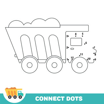 Dot to dot educational game for preschool kids. Activity worksheet. Dump car, Truck