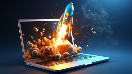 Illustration of a cartoon rocket launching from laptop screen on vibrant blue background - obrazy, fototapety, plakaty