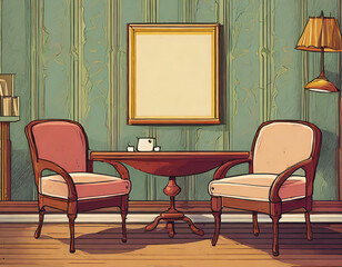 Retro-themed living room design with nostalgic seating and a vintage wooden table. The mockup wall introduces a contemporary edge, allowing for personalization in the retro setting.