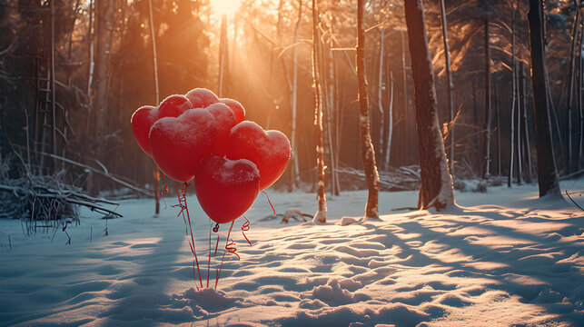 Product photograph of heart shaped balloons tied to ground in the snow In a winter forest. Sunlight.  Red color palette. Objects. 