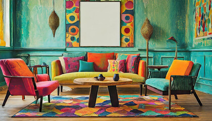 Retro-chic living room design with funky seating and a vibrant wooden table. The mockup wall brings a contemporary edge, offering a canvas for personalized displays within the eclectic and colorful d