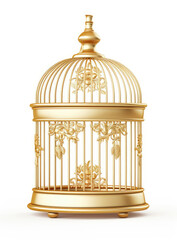 Golden Birdcage on White Background, A Gleaming Enclosure for Exquisite Songbirds