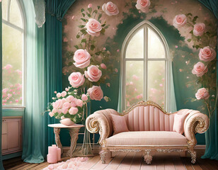 Romantic rose garden room. Soft rose prints, blush tones. Plush furniture, delicate lace details. A dreamy and romantic space reminiscent of a blooming rose garden.