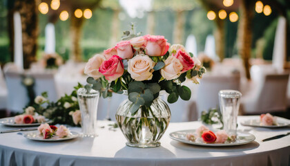 roses in a vase on a table at a wedding