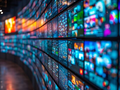 A multitude of vibrant screens in a curved display showing various news and media broadcasts in a monitoring room