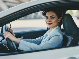 a happy stylish short-haired woman in light blue suit is driving white car. Portrait of happy female driver steering car with safety belt.