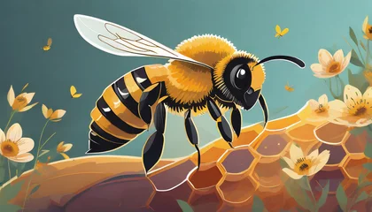 Fotobehang World bee day poster. Save the bees. Bee bending down to pollinate a flower. Vector illustration. World bee day text with a honeycomb. © gary