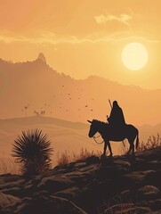 Palm Sunday concept: Silhouette Jesus Christ riding donkey with tomb stone on meadow sunset background, poster, realistic, HD, copy space - generative ai