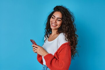 Young curious smiling happy pretty latin woman holding mobile phone, doing online shopping on cell, using apps on cellphone looking aside at standing isolated on blue background, Generative AI