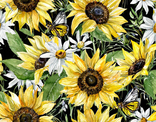Yellow sunflowers, white bells, daisies, bumblebees. Floral seamless pattern with hand-painted flowers. Summer floral wallpaper. Luxury design for wallpapers, textiles, clothes, fabrics
