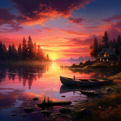 Tranquil Lake Sunset with Boat and Cabin