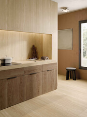 Interior of the kitchen features a stainless steel washing sink, a money plant in a ceramic top in the corner for freshness, wooden countertops, gray shelves for additional storage. 3D Rendering