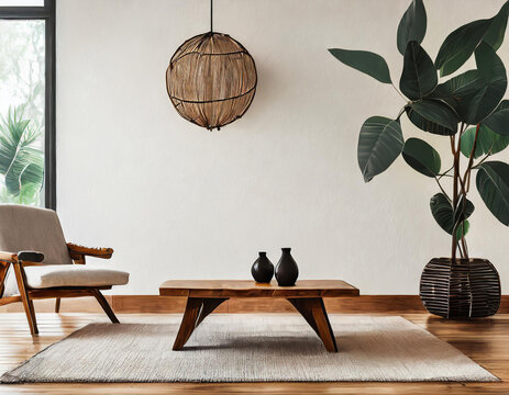 Zen-inspired living room interior featuring minimalist seating and a low wooden table. The mockup wall adds a versatile touch, allowing for serene and customizable displays.