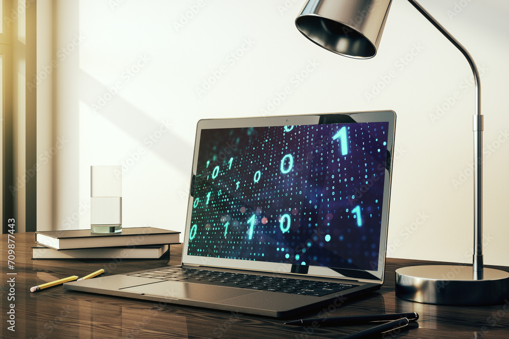 Aufkleber Creative abstract binary code sketch on modern laptop monitor, hacking and matrix concept. 3D Rendering