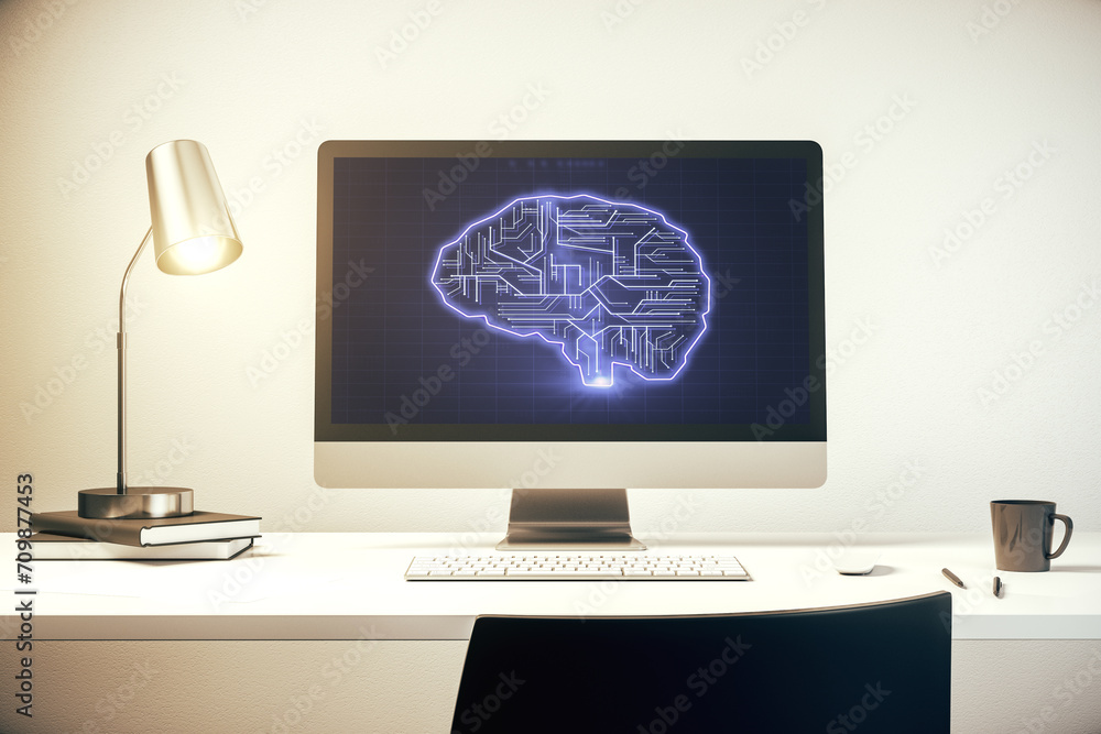 Poster modern computer monitor with creative artificial intelligence symbol. neural networks and machine le