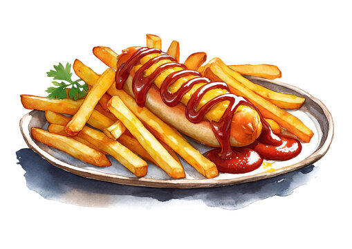 sausage with fries and ketchup, art design