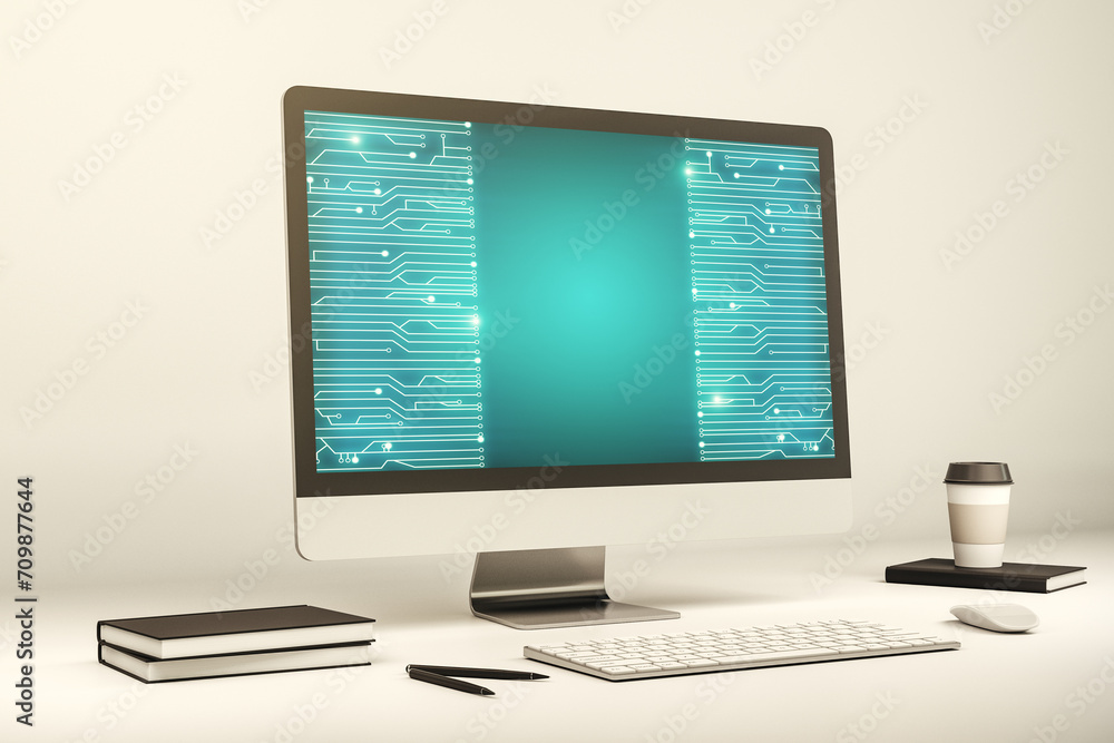 Leinwandbilder Creative abstract micro circuit sketch on modern laptop monitor, future technology and AI concept. 3D Rendering