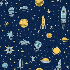 seamless pattern with rockets, space, stars. Print for fabric. Design for boys.