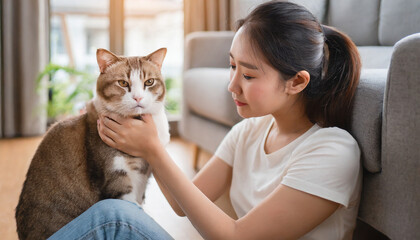 Asian woman apologizing offended cat for mistake, Remorseful female doing reconcile cat while feel sad and angry in living room at home, Adorable domestic pet concept - obrazy, fototapety, plakaty